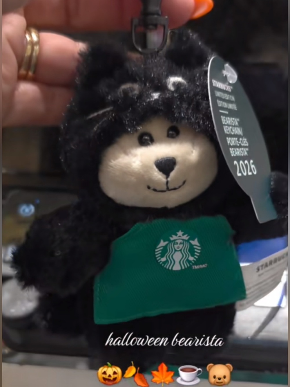 Viral Starbucks Halloween Black Bearista Plush Keychain with Green Apron